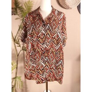 Kim Rogers Womens 16W Pebble Mosaic Print Button Up Blouse Short Sleeve Orange
